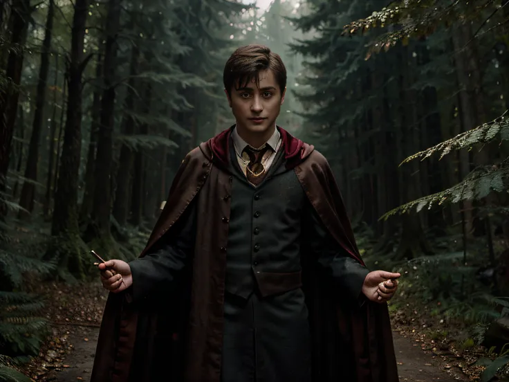 daniel radcliffe, in hogwarts robes, in the sinister forest, art realistic high quality, cinema style, charismatic character