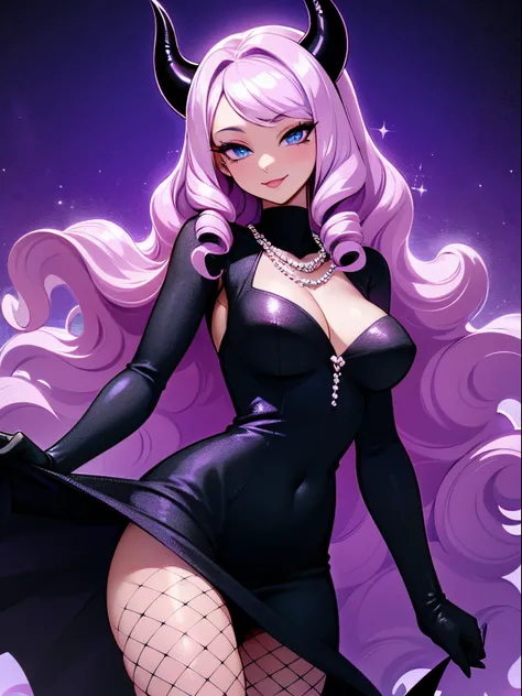 A beautiful and sexy woman with long wavy violet hair, drill curls, side-swept bangs, sharp blue eyes, light skin, smile, wearing a tight sparkly black dress, fishnet stockings and pearl necklace, theres two black devil horns on her head, and she also has ...