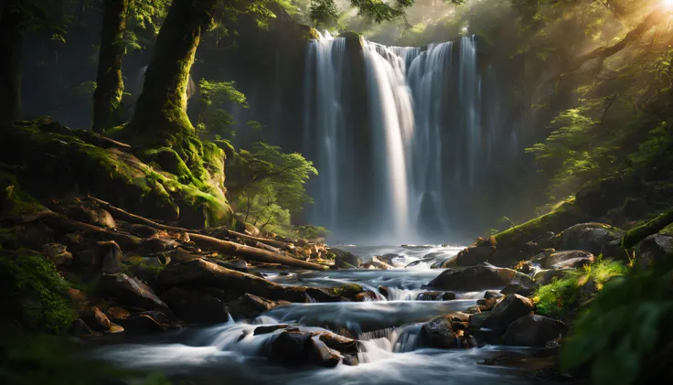 A beautiful photography of waterfall inside the forest, highly detail, realistic image, cinematic, landscape photography, natural lighting, long exposure.