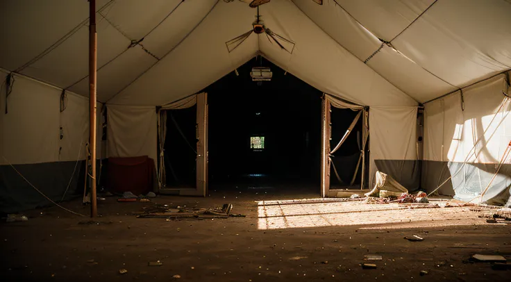 interior of abandoned circus big top tent, decay, evil ringmaster, skeletal elephant, evil clowns,