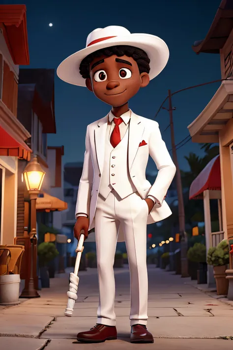 a black man in a white suit and red tie wearing a white panama hat with a red band, head down, with a cane in his hand, on a dark street full of bars at night leaning against a lamppost