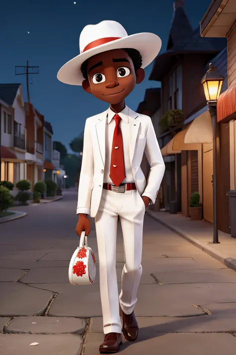 a black man in a white suit and red tie wearing a white panama hat with a red stripe, head down, with a deck of cards in one hand and a cane in the other hand, on a dark street at night leaning against a lamppost