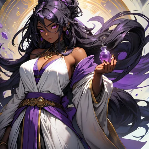 busty ebony skinned gypsy with a sash of potions around her waist and chest, busty, long flowing hair, wearing flowing purple star lined robes, portrait, has purple eyes, long black hair, surrounded by potions