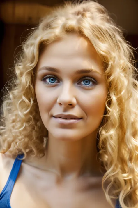 (the best quality) (шедевр ) visage parfait. young woman from 20 to beauty with skin. (((blond curly hair))) realiste yeux bleu