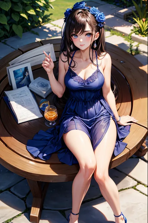 sksbrooke person, sksbrooke, (masterpiece:1.2), (best quality:1.2), perfect eyes, perfect face, 1girl, solo, brown eyes, (medium breasts), perky breasts, seductive look, blue Sparkle V Neck Sleeveless Spaghetti Straps A-Line Mini Summer Dress Cocktail Dres...