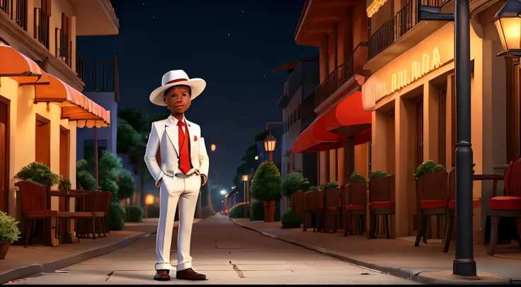 a black man leaning against a lamppost, in a white suit and red tie wearing a white panama hat with a red band, head down, on a dark street full of bars at night