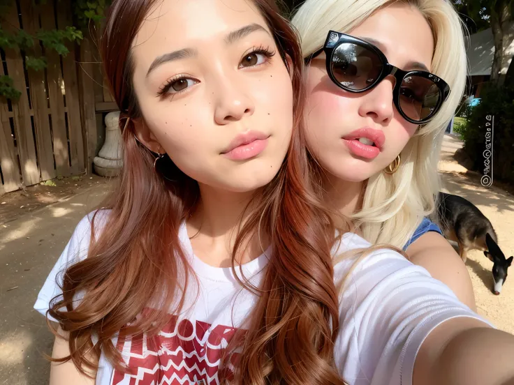 duas mulheres tirando uma selfie com um cachorro ao fundo, both have red lips, Parque Roseanne do Blackpink, com hera, Ulzzang, 🪔 🎨;🌞🌄, Nixeu e Sakimichan, rosa preto, with sun glasses, quente com sol brilhante, Jossi do Rosa Preto, Ayami Kojima e Lyde Cal...