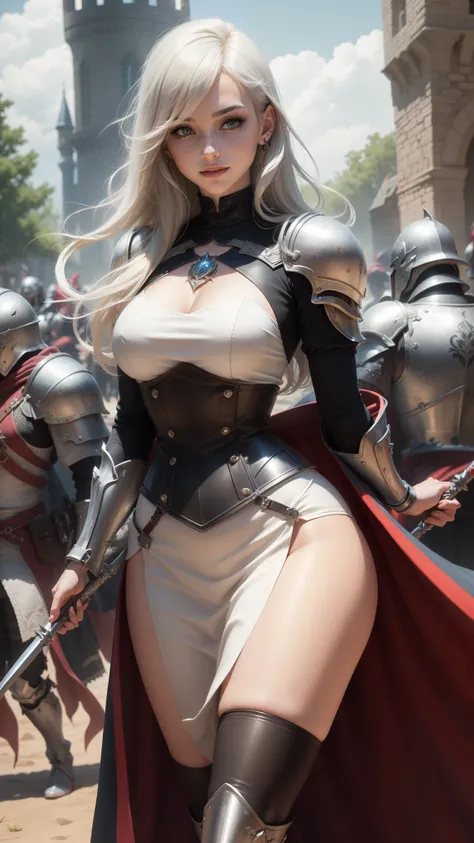 gwen tennyson,yorha 2b,yuna,claire farron,overwatch,warcraft,close up, castle siege battle,tattoos,ruby and white plugsuit,white short sleeve knight top,short sleeve knight full plate armor,long knight skirt,steel knight corset,knee long hair,queen makeup,...