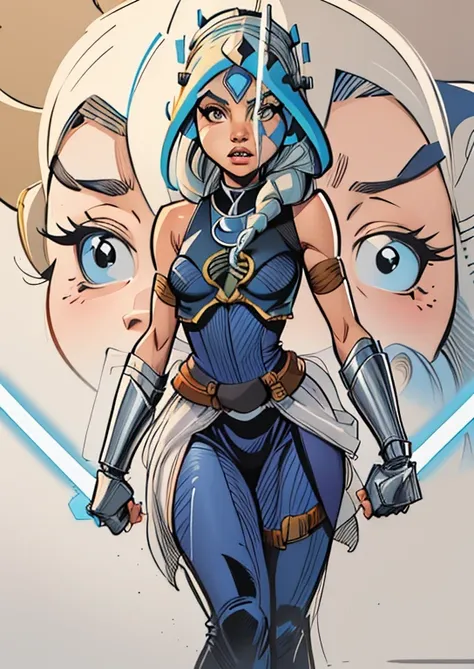 uma imagem de desenho animado de uma mulher com uma roupa de Star Wars, Retrato de Ahsoka Tano, Ahsoka Tano, full-colour illustration, Jaina Solo, Guerra dos Clones de Star Wars, Mara Jade Skywalker, Jedi Feminino, Jen Bartel, epic full color illustration,...