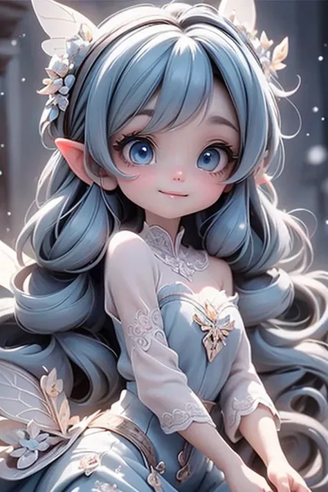 masterpiece, best quality, detailed eyes, a cute ((fairy)) smiling, shopping at a magical market, (blue hair), (blue eyes), (pointy ears), (fairy leafy strapless blue dress), translucent fairy wings, (intense blue smokey eyes makeup), large ayelashes, fant...