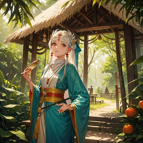 forest scenario, Sita is coming out from a mud hut holding a cane tray full of fruits, a saint is waiting outside of the hut, bright day light, fine detail, Sita has fair complexion, sublime face, photorealistic