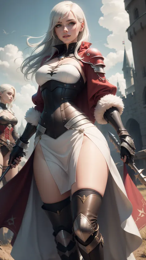 gwen tennyson,yorha 2b,yuna,claire farron,overwatch,warcraft,close up, castle siege battle,tattoos,ruby and white plugsuit,white short sleeve knight top,short sleeve knight full plate armor,long knight skirt,steel knight corset,knee long hair,queen makeup,...