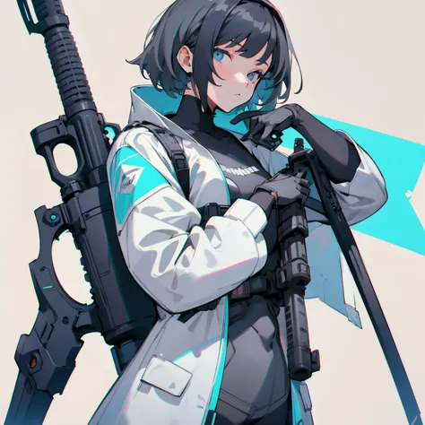 (masutepiece:1.2, best quality), [1 girl in, expressioness, turquoise eyes, jet-black hair,half short cut hair, white jacket, ja...