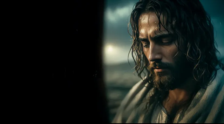 jesus cristo de olhos fechados, your hair is wet, suor escorrendo na testa, imagem ultra realista, 8k, cinematografica