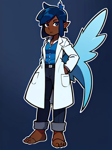 Doctor Feathers (full body, young female, dark skin, blue hair, harpy, lab coat) with solid background