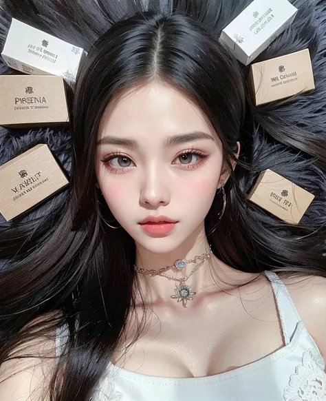 Arafed woman with long black hair lying on a fur carpet with lots of small perfume boxes, maquillaje popular de Corea del Sur, maquillaje coreano popular, pale porcelain white skin, dilraba dilmurat, pale snow white skin, Cara sexy con maquillaje completo,...