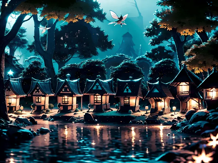 ((night time forest)), (((tiny village build in the trees))), (((tiny winged fairies flying around))), ((small tree houses)), pr...