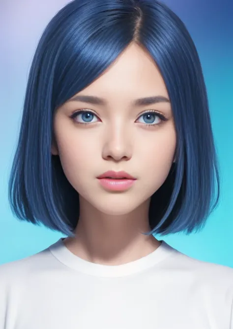 (special effects screen，high textured，high detal)A female character，(close angle，depth of fields，the detail)white  shirt，blue backdrop，(Multicolored_the hair:1.2+eBlue eyes),(Close-up expression)，(multiple names:0.5，Can be hidden)