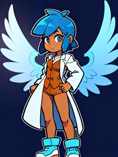 full body, Doctor Feathers (young female, light brown skin, blue hair, wings, lab coat), with solid background