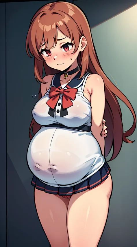 Brown_long_hair, 1girl, hair_over_one_eye, blush_on_cheeks, excited, embarased, ashamed, shy, turned_on, closed_mouth, black_choker, red_shoulder-length_shirt , open_shoulders!! open_breasts!!.tiny_blue_skirt, white_transparent_panties, visible_panties, pe...