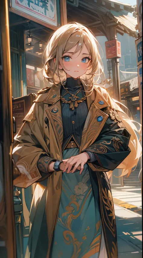 (masterpiece), best quality, (ultra detailed beautiful face and eyes), illustration, warm feeling, solo, Woman, cinematic angle, Meet in front of the station, looking at the watch, sun, cinematic lighting