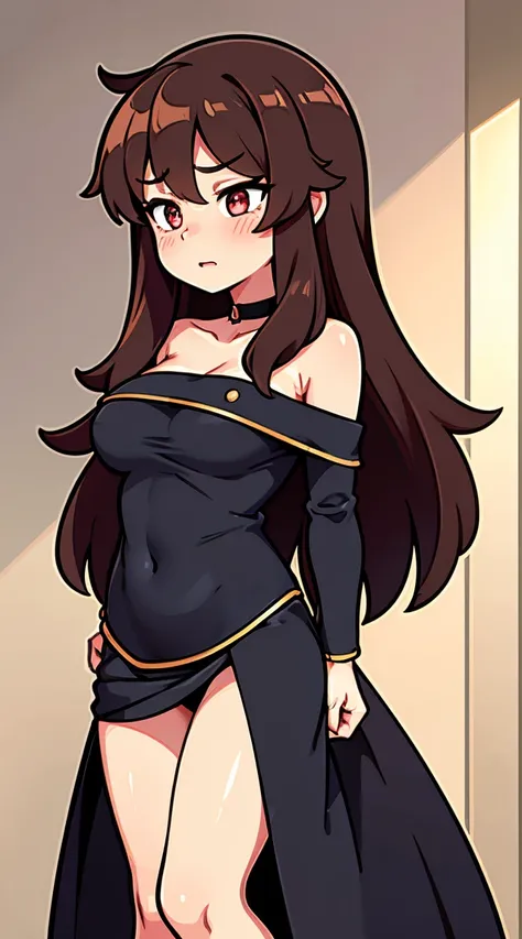 Brown_long_hair, 1girl, hair_over_one_eye, blush_on_cheeks, nipple outlines, excited, embarased, ashamed, shy, turned_on, black_choker, red_shoulder-length_shirt, open_shoulders, open_breasts, tiny_blue_skirt, perfect_quality, perfect_high_resolution, mass...