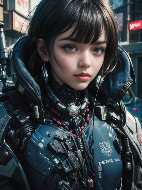 ((Masterpiece photographic portrait )), ((beautiful cybernetic Cyberpunk girl)), ((highly detailed face)), ((fringe and bangs hairstyle)), ((extreme close up portrait)), (looking to side), ((mechanical cervical attaching to neck)), (wires and cables attach...