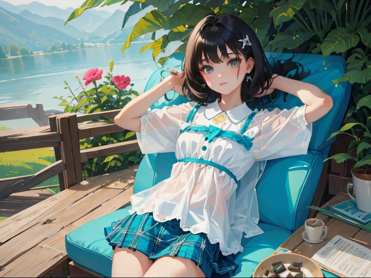 (child），（​masterpiece，Highest Quality），（turquoise plaid mini skirt），White short-sleeved blouse，A dark-haired，lake