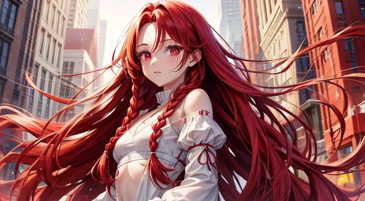 red braids, long red hair, pink eyes, small chest, white clothes, girl, lots of red braids, lots of red hair, dressed