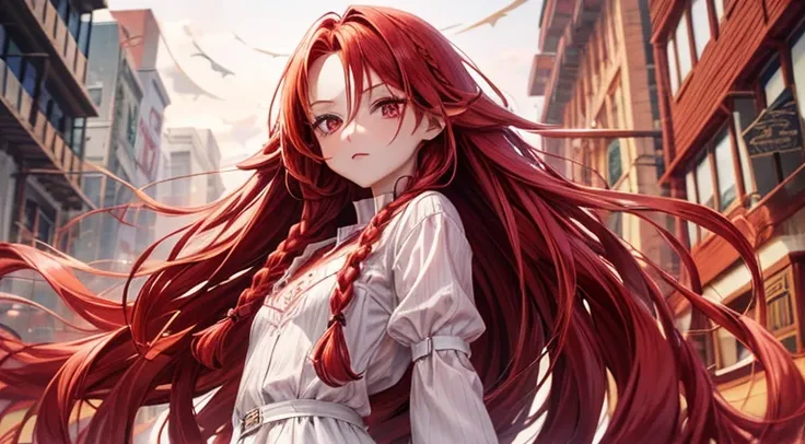 red braids, long red hair, pink eyes, small chest, white clothes, girl, lots of red braids, lots of red hair, dressed