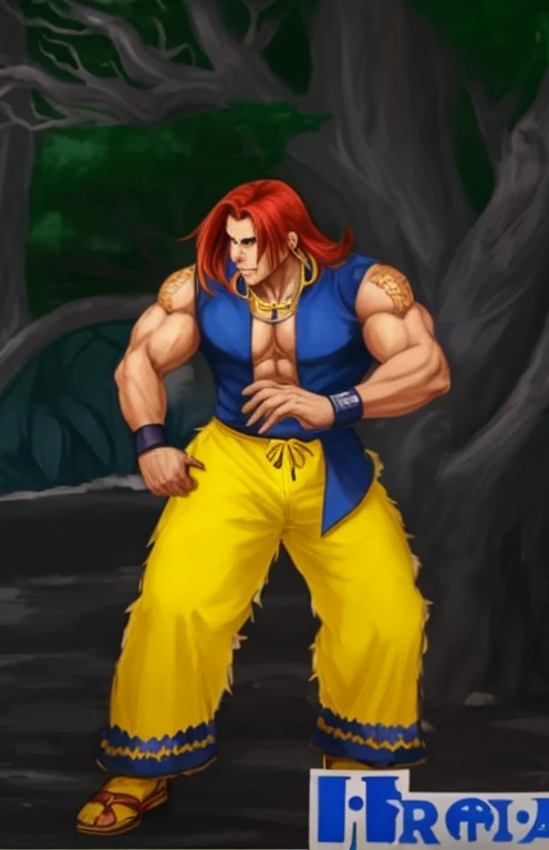 a man in yellow pants and a blue shirt in front of a tree, Personagem de King of Fighters, Estilo Rei dos Lutadores, como personagem em tekken, posando para uma luta intrincada, personagem de jogo de luta, Pose de lutador, postura de luta, Joe Biden como u...