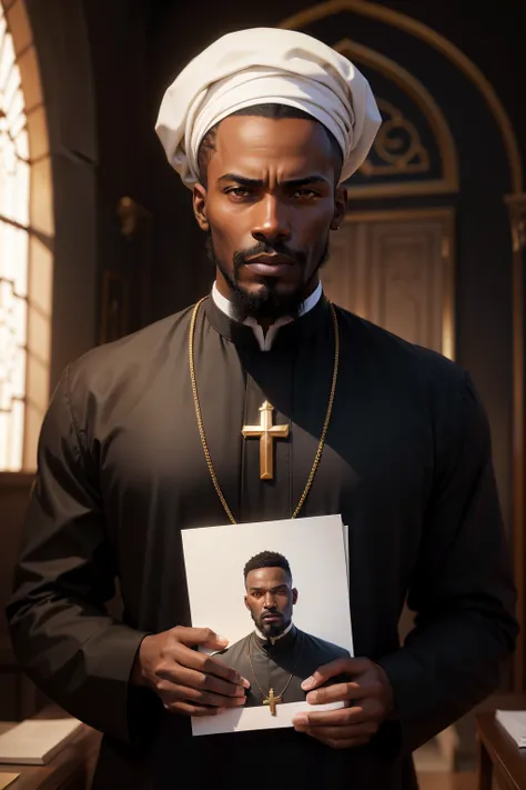 Make a portrait of an African man, in the black clothes of a Christian priest, barba preta