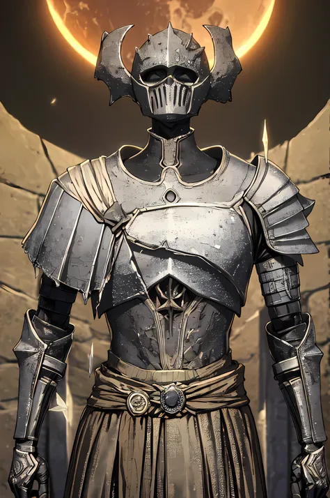 detailed, standing,upper body,  helm, crystal shards fused, skinny, ashes, black solar eclipse,