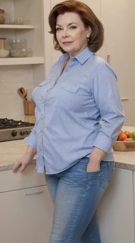 arafed woman standing in a kitchen with a bowl of fruit on the counter, hyperrealistic full figure, full - bodied portrait, a portrait of a plump woman, full figured middle aged housewife, plus size woman, thicc, 50 year old woman, widest hips, fat woman, ...