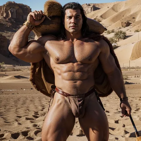 A muscular male barbarian with a gigantic dick. He is in the middle of a desert wasteland holding a massive wooden club