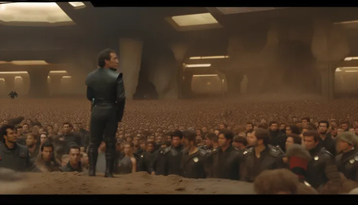 arafed image of a man standing at a podium with a crowd of people, scene from dune 2 0 2 1 movie, in a scifi movie, still from a ridley scott movie, film still from dune 2020, still from a live action movie, scene from live action movie,  cinematic, movie ...