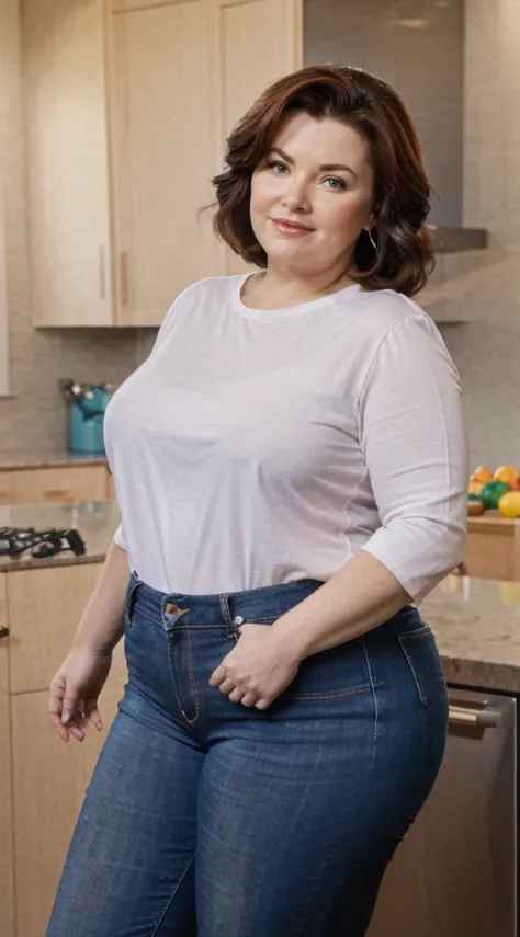 arafed woman standing in a kitchen with a bowl of fruit on the counter, hyperrealistic full figure, full - bodied portrait, a portrait of a plump woman, full figured middle aged housewife, plus size woman, thicc, 50 year old woman, widest hips, fat woman, ...