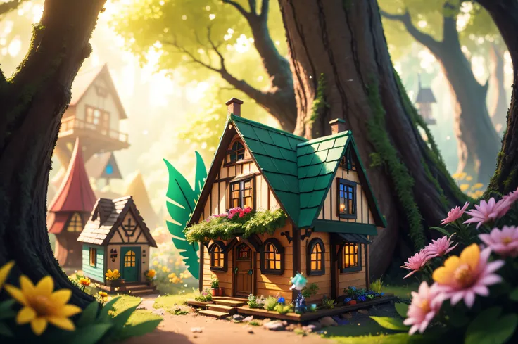 A magical forest, lush green plants and vibrantly colored flowers, tiny homes nestled among the trees, fairy village, fairies with translucent wings dart between the homes, the glow and aura of golden light,  detailed background, bokeh, raytracing, realist...