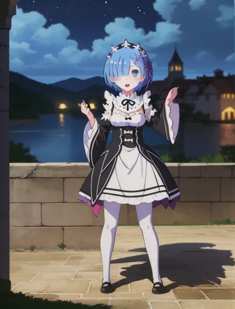 ((full body)), ((full pose)), best quality, masterpiece, phRem, 1girl, blue hair, solo, maid, roswaal mansion maid uniform, looking at viewer, outdoors, open mouth, anime coloring, maid headdress, upper body, cloud, sky, parody, day, black ribbon, detached...