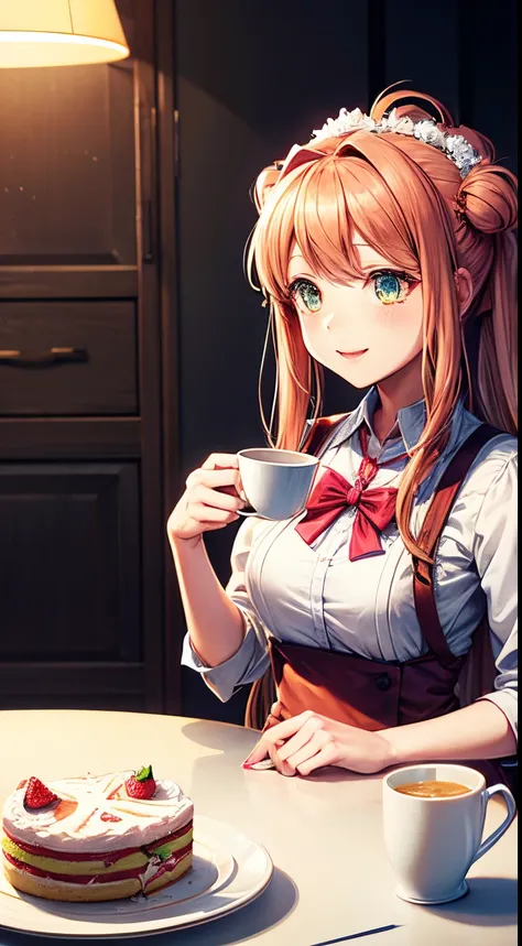 Monika from Doki Doki Literature club having coffee and strawberry cake