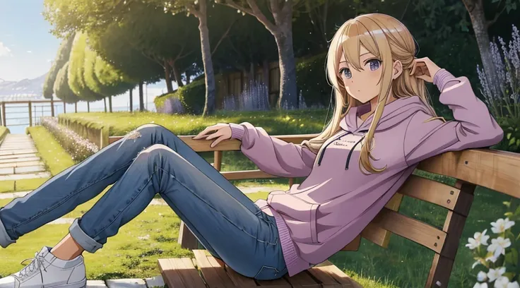 disegno in stile anime del primo piano di una ragazza, blond long hair, brown eyes, lilac hoodie, pantaloncini molto corti e attillati di materiale jeans. È inginocchiata, preoccupata, guarda il cielo. Terreno completamente bianco piatto uniforme, no cielo...