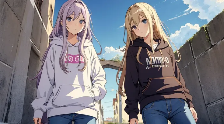 disegno in stile anime del primo piano di una ragazza, blond long hair, brown eyes, lilac hoodie, pantaloncini molto corti e attillati di materiale jeans. È inginocchiata, preoccupata, guarda il cielo. Terreno completamente bianco piatto uniforme, no cielo...