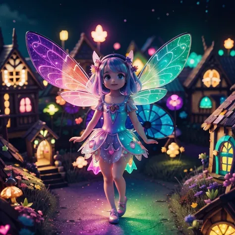 Main subject: A close up of a bunch full body flying fairies, in a Fairy Village. Details: Cute colorful, digital painting, cute detailed digital art, hyper colorful, neon coloring, cute digital art, beeple colors, colorful hd picure, beeple and jeremiah k...