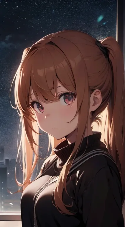 Monika from Doki Doki Literature club with a serious expression and evil look in a dark and poorly lit environment