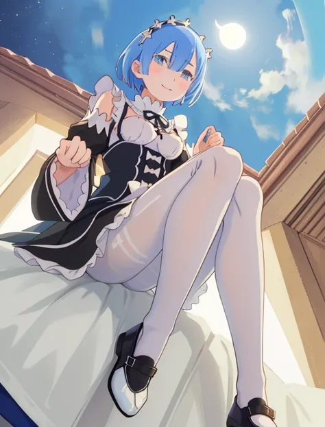 ((full body)), ((full pose)), best quality, masterpiece, phRem, 1girl, blue hair, solo, maid, roswaal mansion maid uniform, looking at viewer, outdoors, ((wide smile)), anime coloring, maid headdress, cloud, sky, parody, day, black ribbon, detached sleeves...