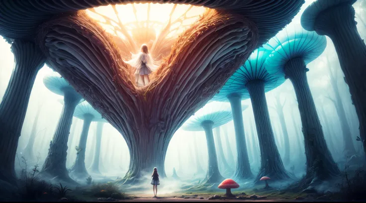 "Magical encounter, young girl exploring, gigantic mushroom, ethereal butterflies, misty wonderland, enchanting