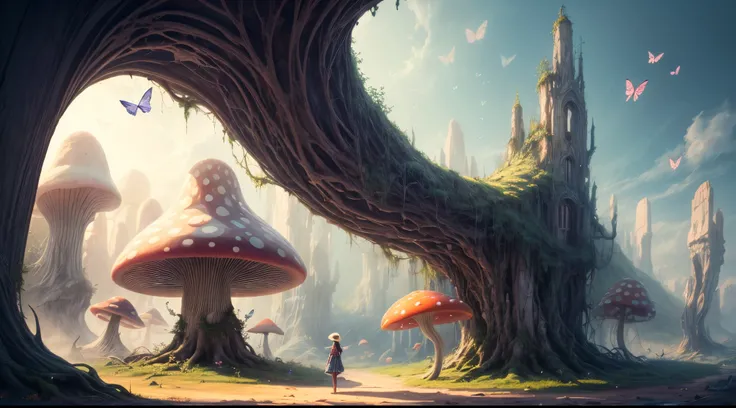 "Magical encounter, young girl exploring, gigantic mushroom, ethereal butterflies, misty wonderland, enchanting