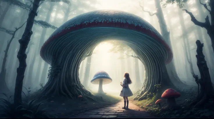 "Magical encounter, young girl exploring, gigantic mushroom, ethereal butterflies, misty wonderland, enchanting