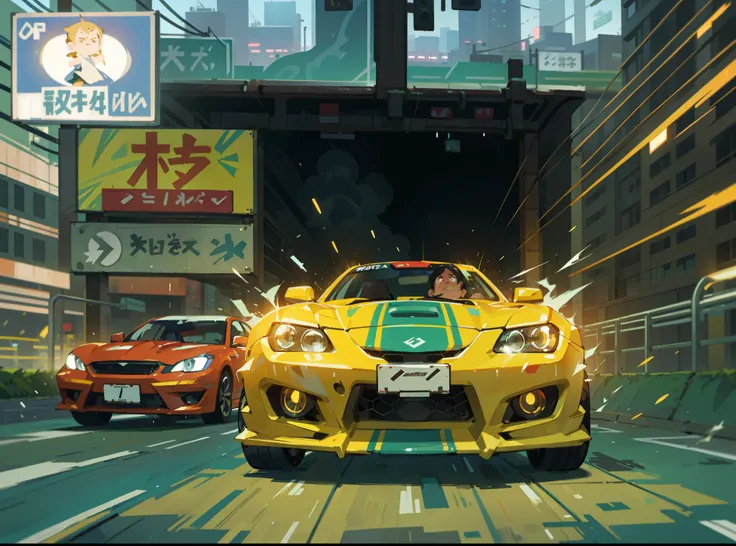 (best quality,4k,8k,highres,masterpiece:1.2),ultra-detailed,(realistic,photorealistic,photo-realistic:1.37),dynamic,fast-paced,a drift car racing through the streets of a bustling city at night,neon-lit streets,futuristic cityscape,shimmering reflections o...