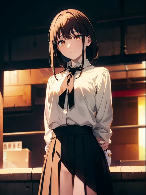 (obra maestra, la mejor calidad, ultrahigh resolution), 1girl, school uniform, white office shirt, black pleated skirt, light br...